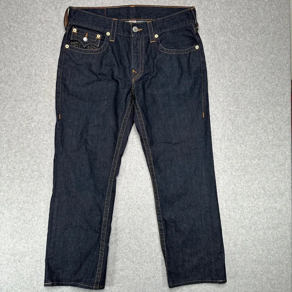 True Religion Brand Ricky Jeans Mens Size 34 Straight Flap Dark Wash Denim